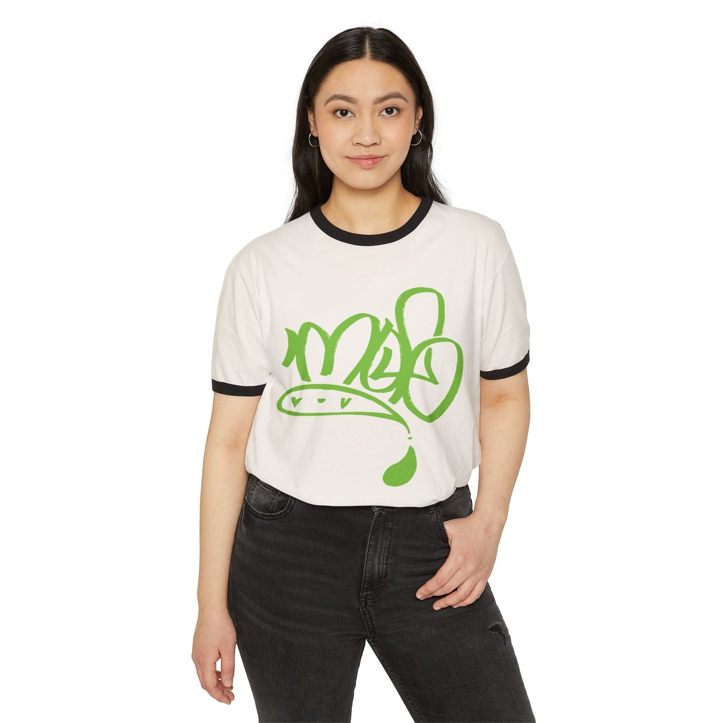 Men's Green Graffiti Graphic Unisex Ringer T-Shirt, Casual Streetwear Tee, Unique Gift, Eco-friendly Cotton Apparel, Trendy Festival Wear