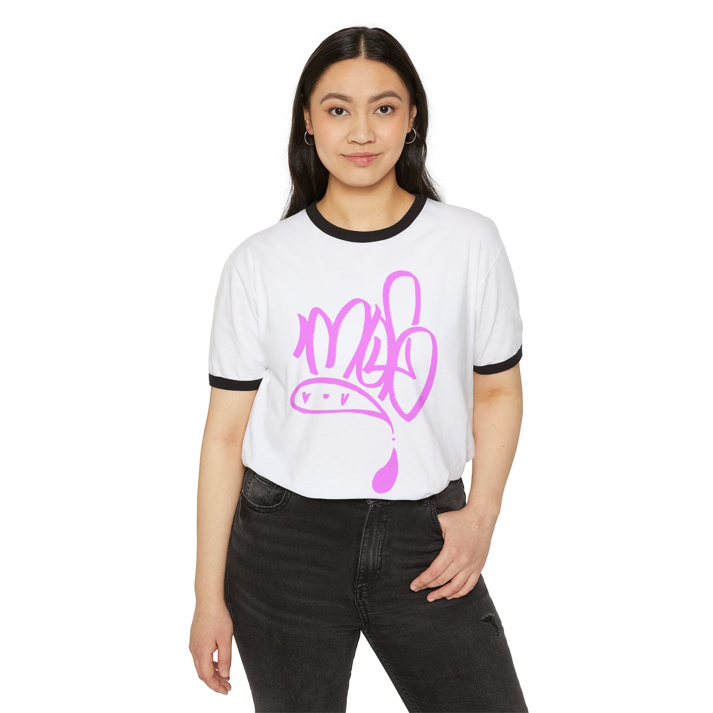 Unisex Cotton Ringer T-Shirt with Playful Pink Design, Casual Tee, Comfortable Everyday Wear, Gift for Art Lovers, Fun Fashion Statement