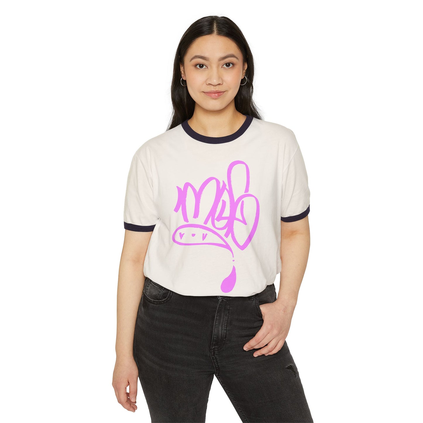 Unisex Cotton Ringer T-Shirt with Playful Pink Design, Casual Tee, Comfortable Everyday Wear, Gift for Art Lovers, Fun Fashion Statement