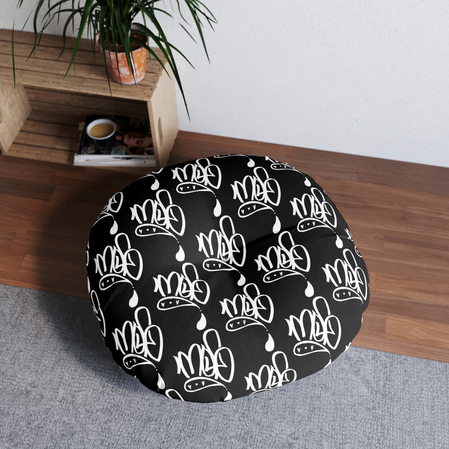 Modern Black Round Tufted Floor Pillow with Unique Design