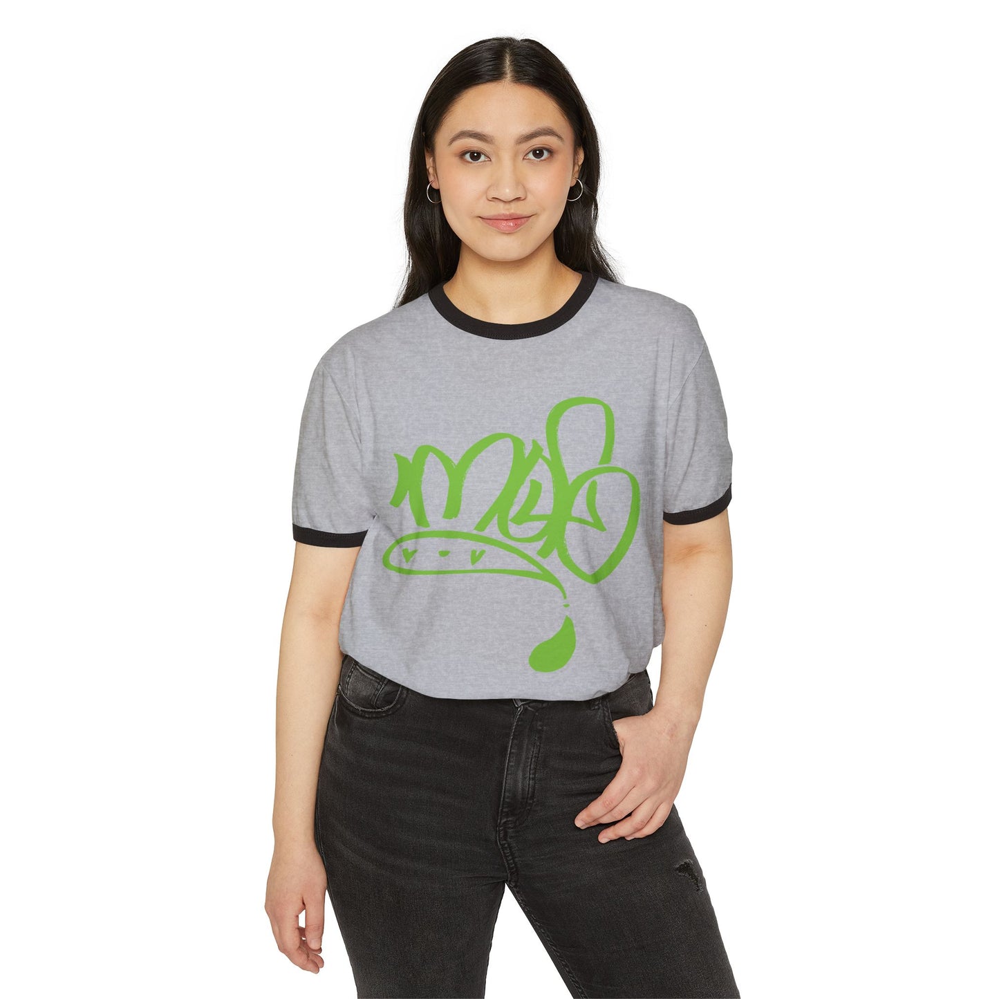 Men's Green Graffiti Graphic Unisex Ringer T-Shirt, Casual Streetwear Tee, Unique Gift, Eco-friendly Cotton Apparel, Trendy Festival Wear