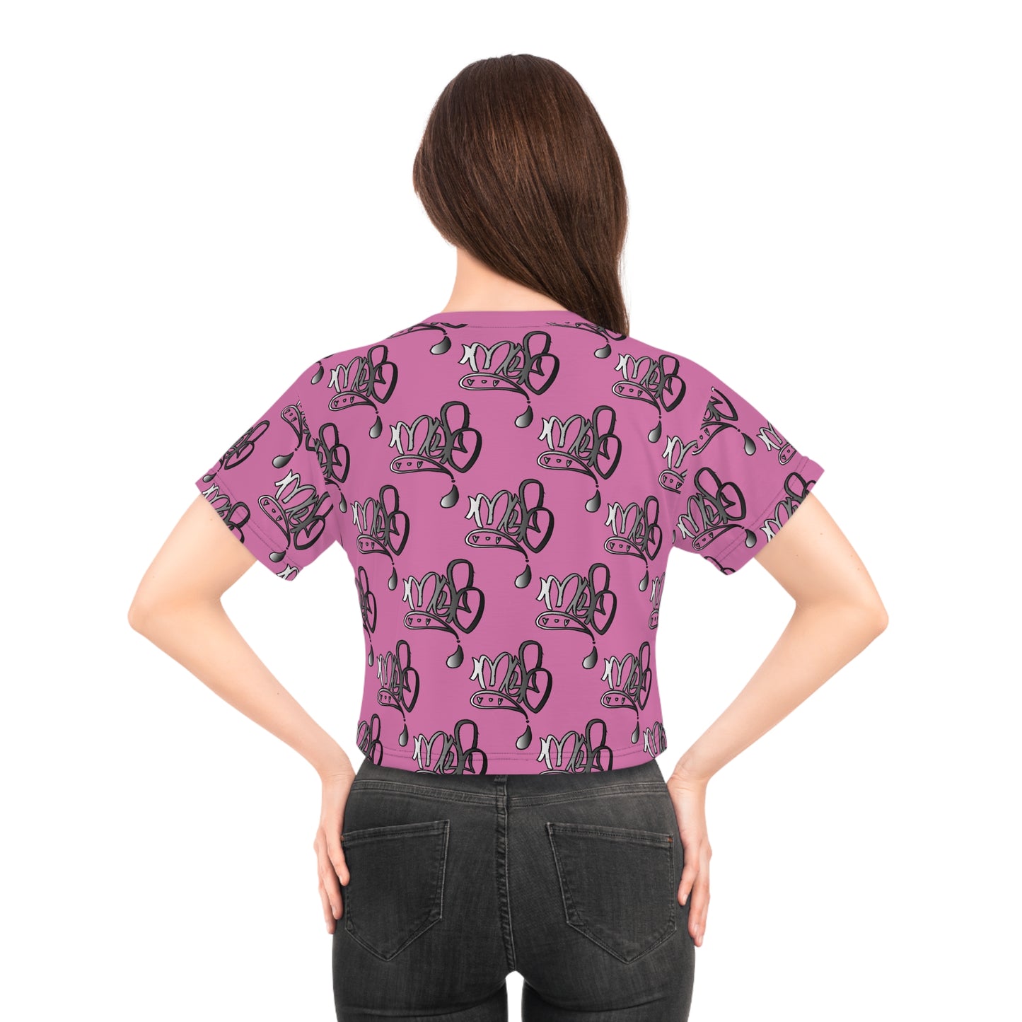 mofomindofosiris aop logo drip silver pink crop tee