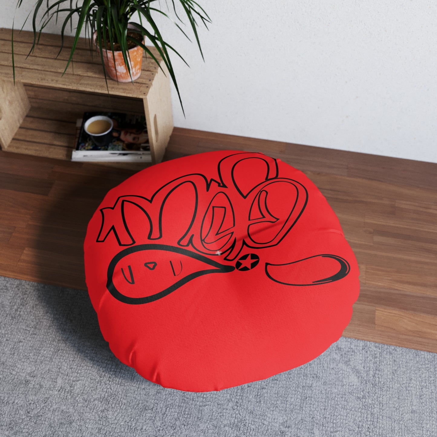 Tufted Floor Pillow, Round Red Graffiti Comfort Cushion, Boho Decor, Meditation Seating, Home Accent, Kids Room, Unique Gift