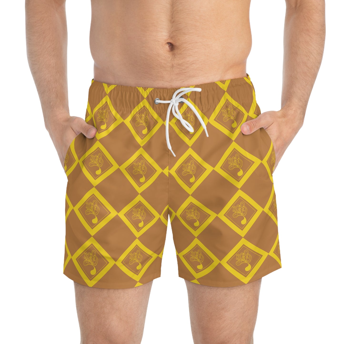 Sunny Patterned Swim Trunks, Stylish Beach Shorts, Vacation Swimwear, Summer Pool Party Gear, Trendy Leisurewear