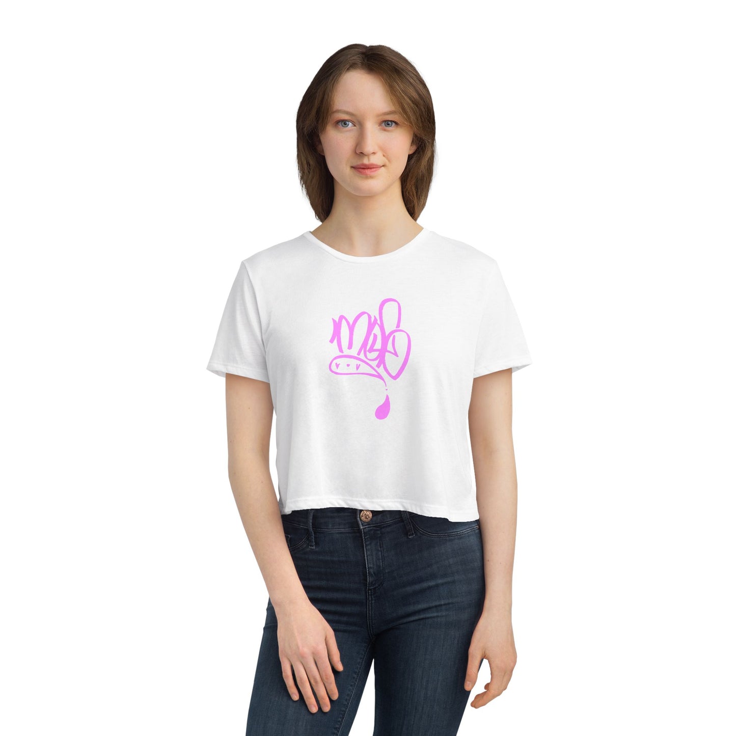 Stylish Women's Flowy Cropped Tee with Pink Design, Casual Wear, Summer Top, Gift for Her, Beach Style, Everyday Comfort