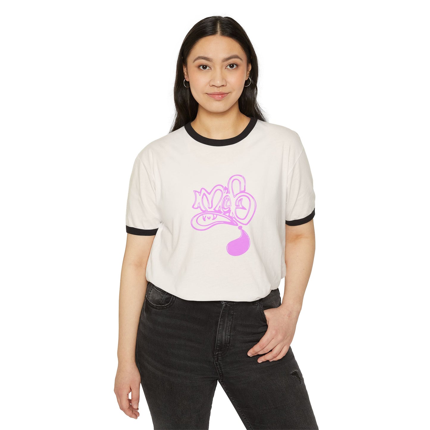 Trendy Unisex Ringer T-Shirt with Playful Graphic, Retro Vibe, Casual Streetwear, Ideal for Gifts, Summer Events, Everyday Wear