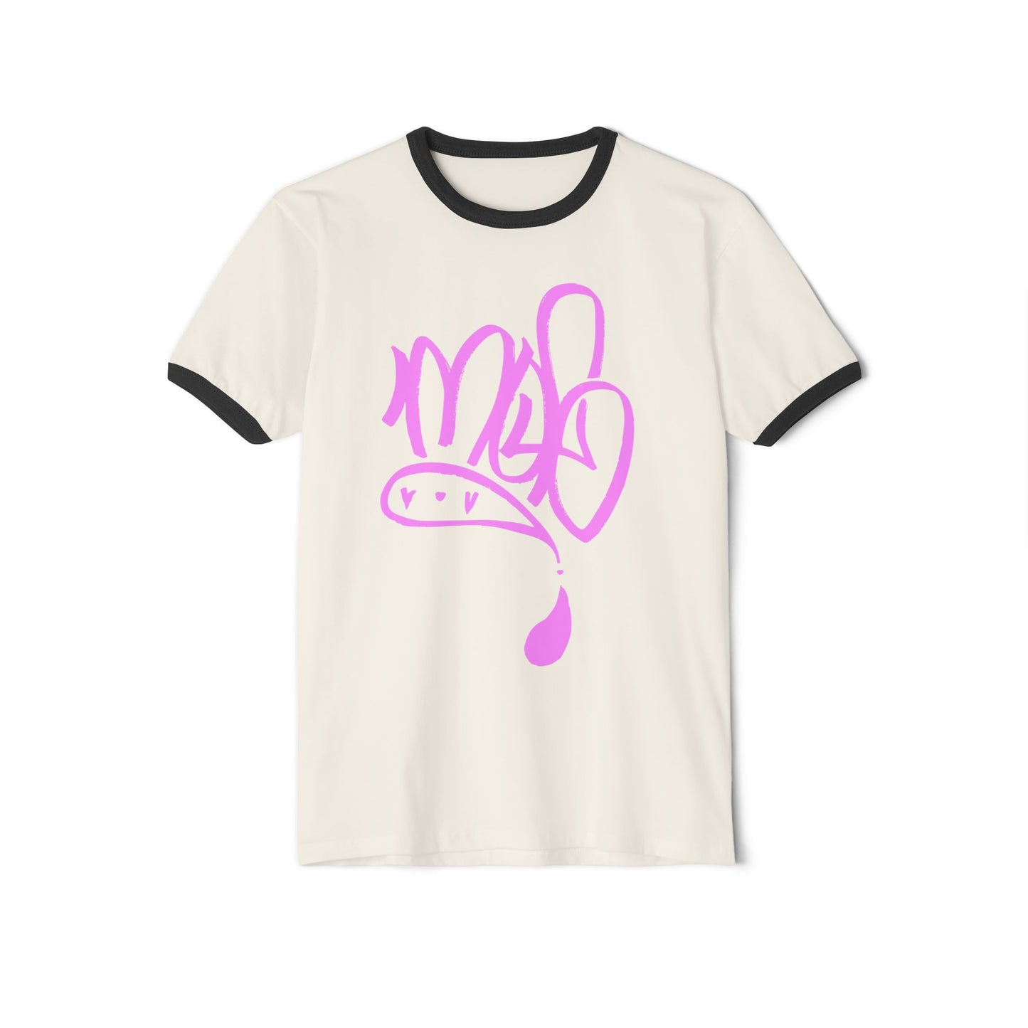 Unisex Cotton Ringer T-Shirt with Playful Pink Design, Casual Tee, Comfortable Everyday Wear, Gift for Art Lovers, Fun Fashion Statement