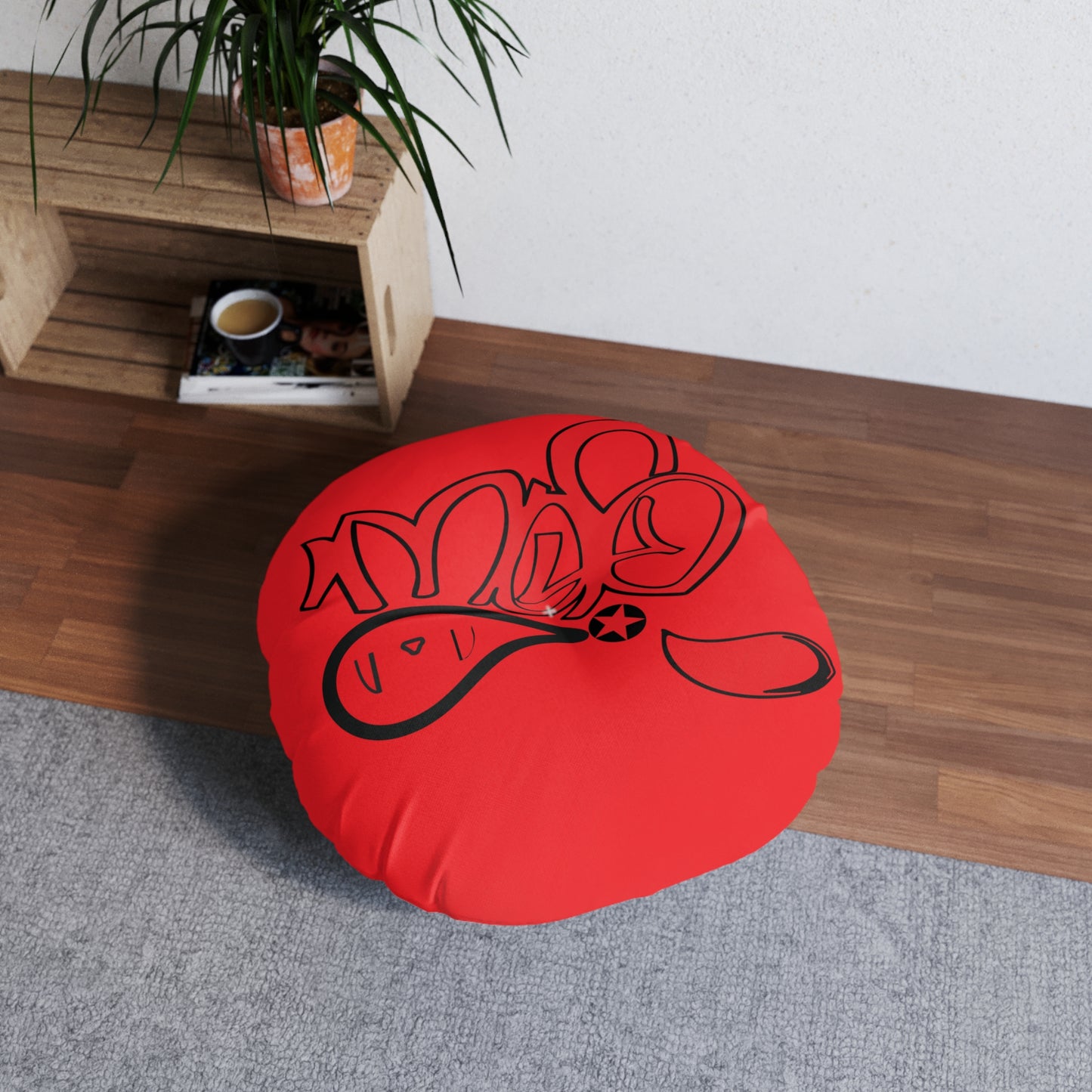 Tufted Floor Pillow, Round Red Graffiti Comfort Cushion, Boho Decor, Meditation Seating, Home Accent, Kids Room, Unique Gift