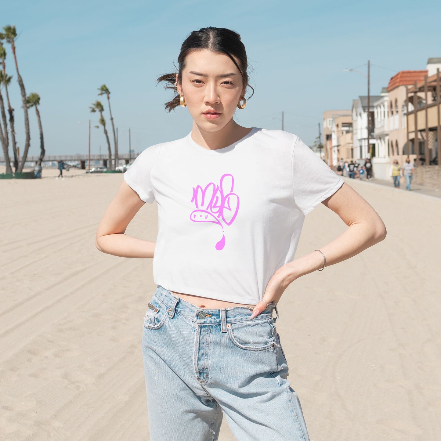Stylish Women's Flowy Cropped Tee with Pink Design, Casual Wear, Summer Top, Gift for Her, Beach Style, Everyday Comfort