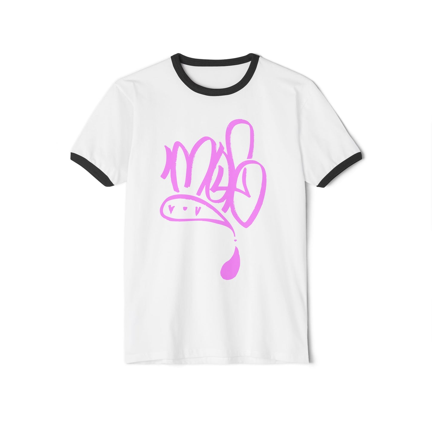Unisex Cotton Ringer T-Shirt with Playful Pink Design, Casual Tee, Comfortable Everyday Wear, Gift for Art Lovers, Fun Fashion Statement