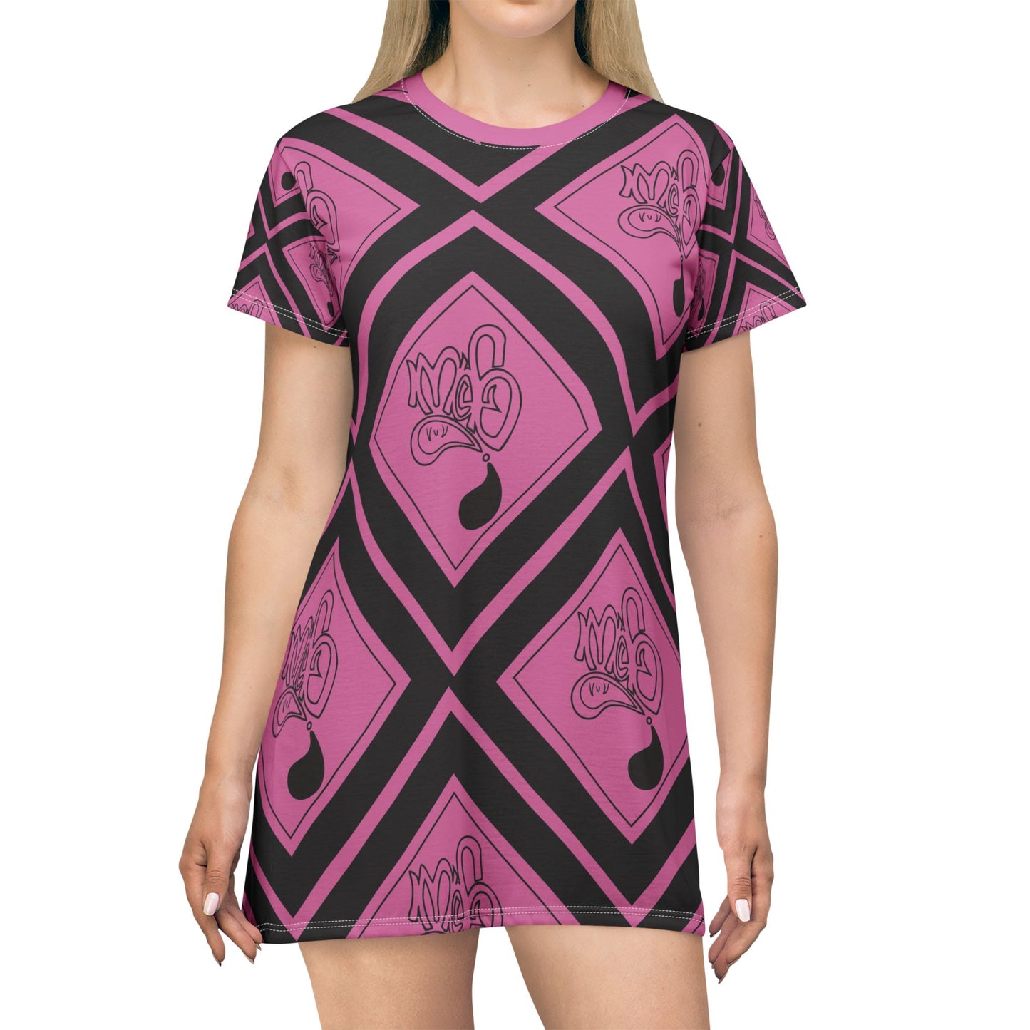 Chic Pink Graphic T-Shirt Dress for Stylish Comfort, Perfect for Casual Wear, Summer Outings, Gift for Her, Unique AOP Fashion