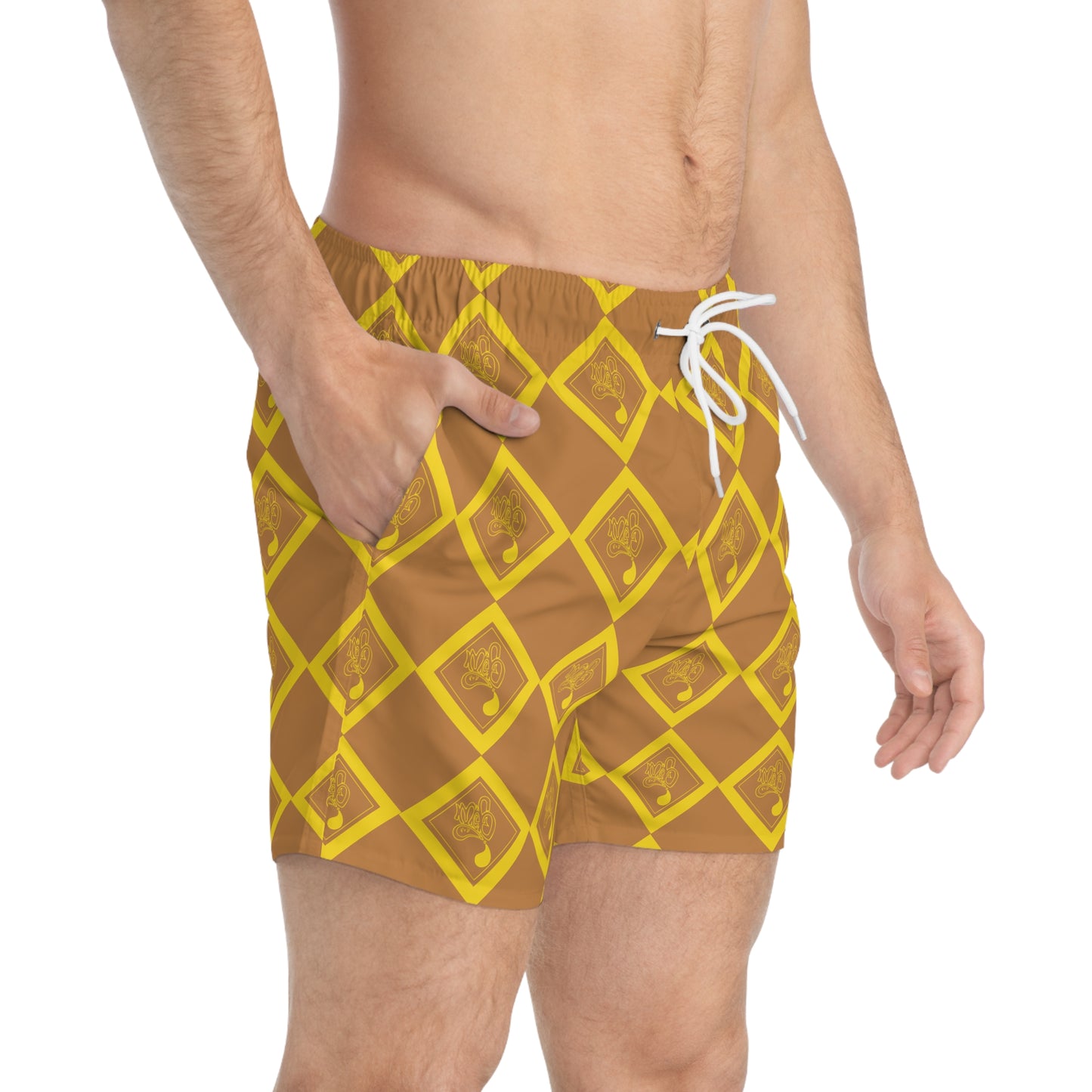 Sunny Patterned Swim Trunks, Stylish Beach Shorts, Vacation Swimwear, Summer Pool Party Gear, Trendy Leisurewear