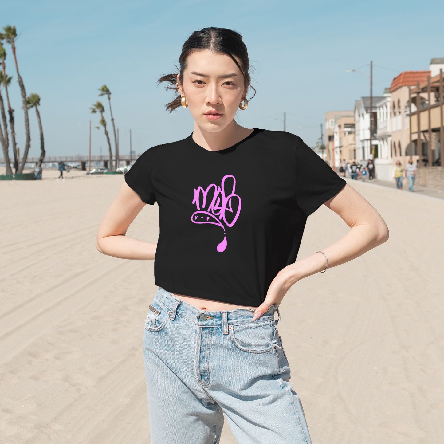 Stylish Women's Flowy Cropped Tee with Pink Design, Casual Wear, Summer Top, Gift for Her, Beach Style, Everyday Comfort