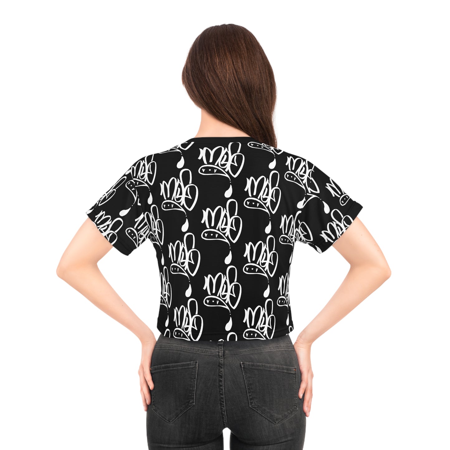Trendy Graphic Crop Tee, Black & White AOP Tee, Fashionable Women's Top, Casual Wear, Street Style Shirt, Gift for Her