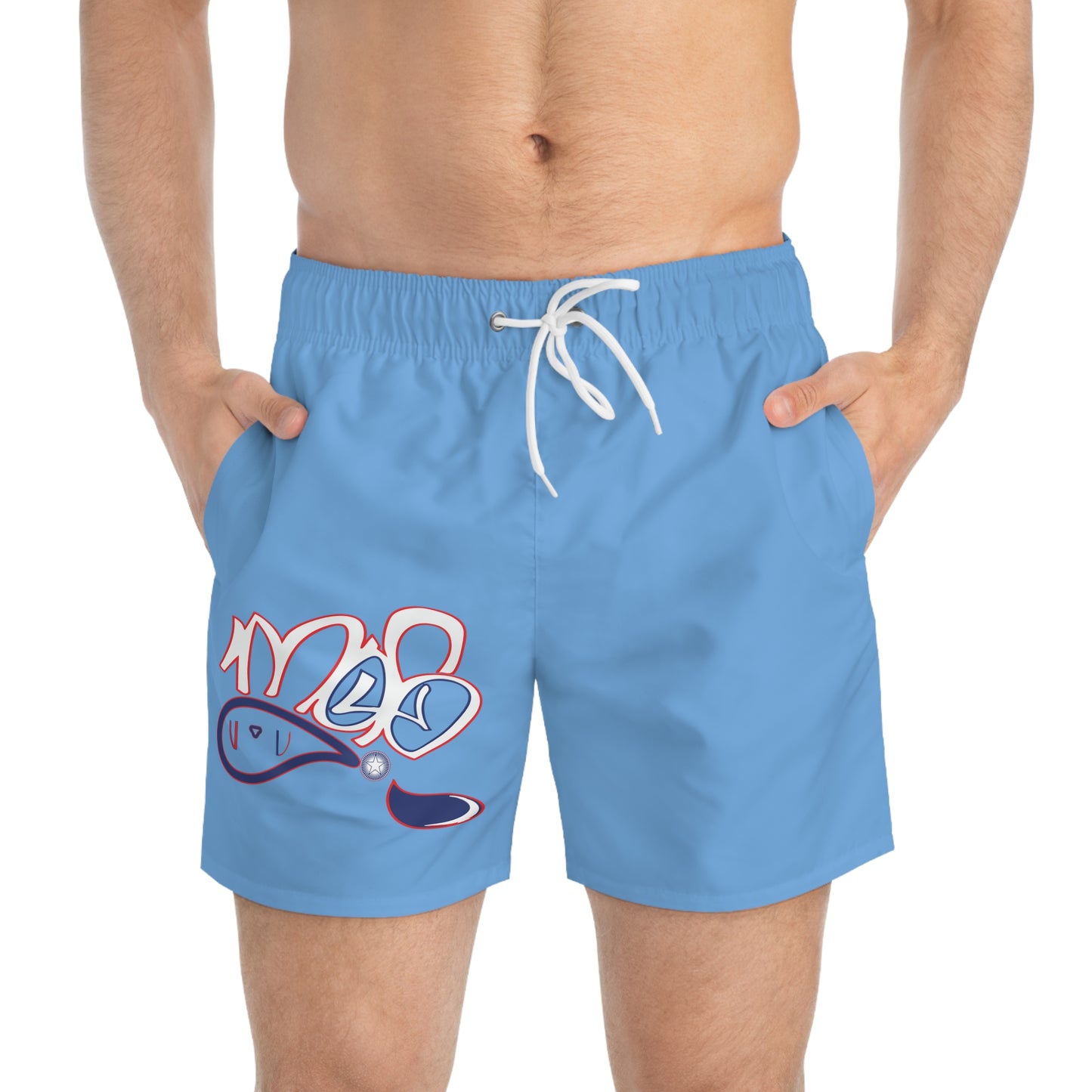 Cool Blue Swim Trunks with Fun Design, Summer Beachwear, Vacation Swim Shorts, Stylish Poolside Attire, Trendy Men's Swimwear