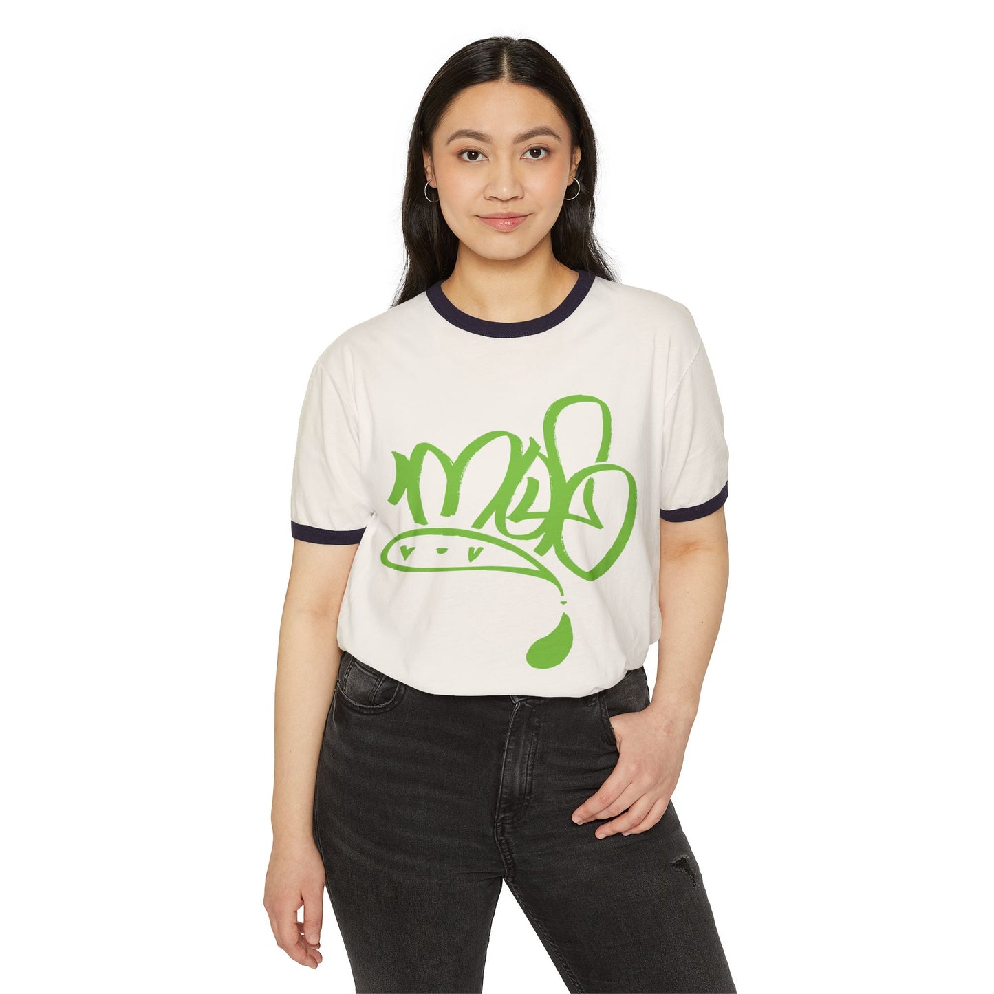 Men's Green Graffiti Graphic Unisex Ringer T-Shirt, Casual Streetwear Tee, Unique Gift, Eco-friendly Cotton Apparel, Trendy Festival Wear
