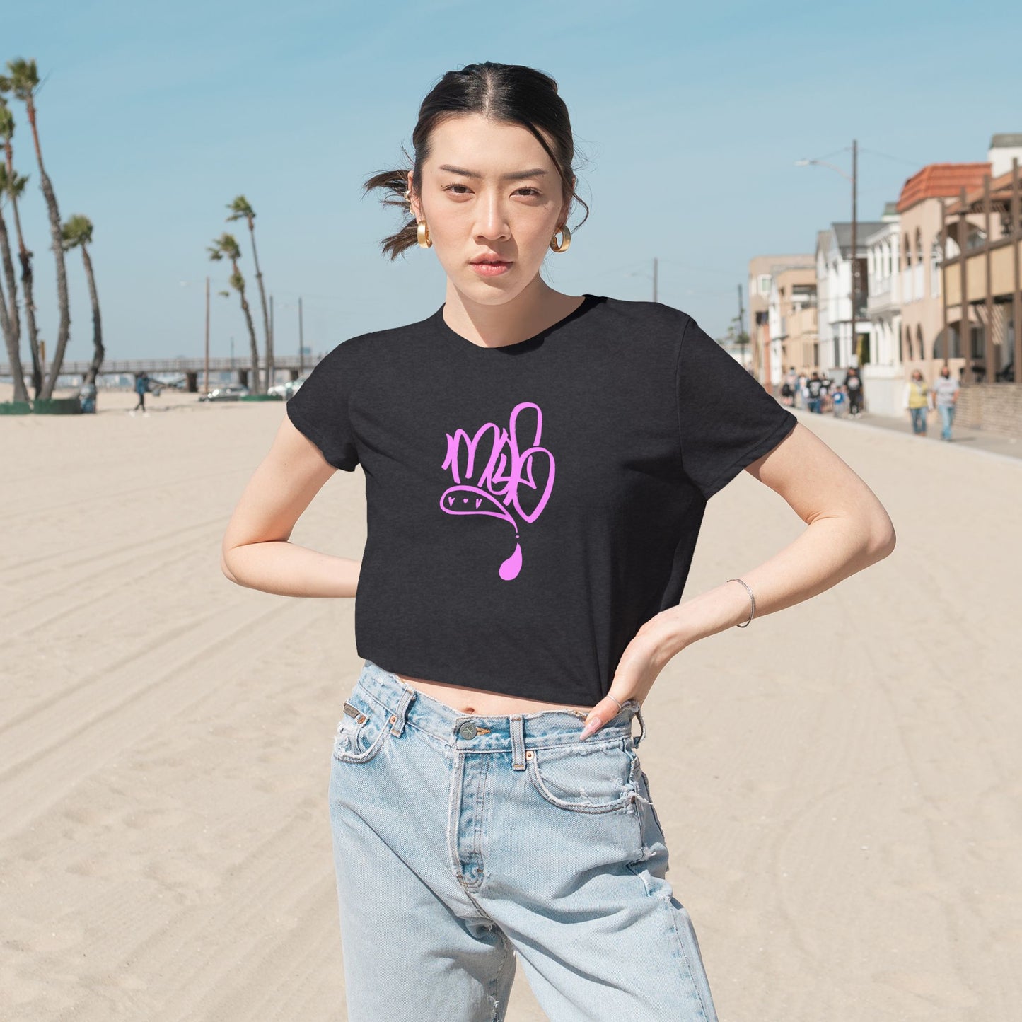 Stylish Women's Flowy Cropped Tee with Pink Design, Casual Wear, Summer Top, Gift for Her, Beach Style, Everyday Comfort