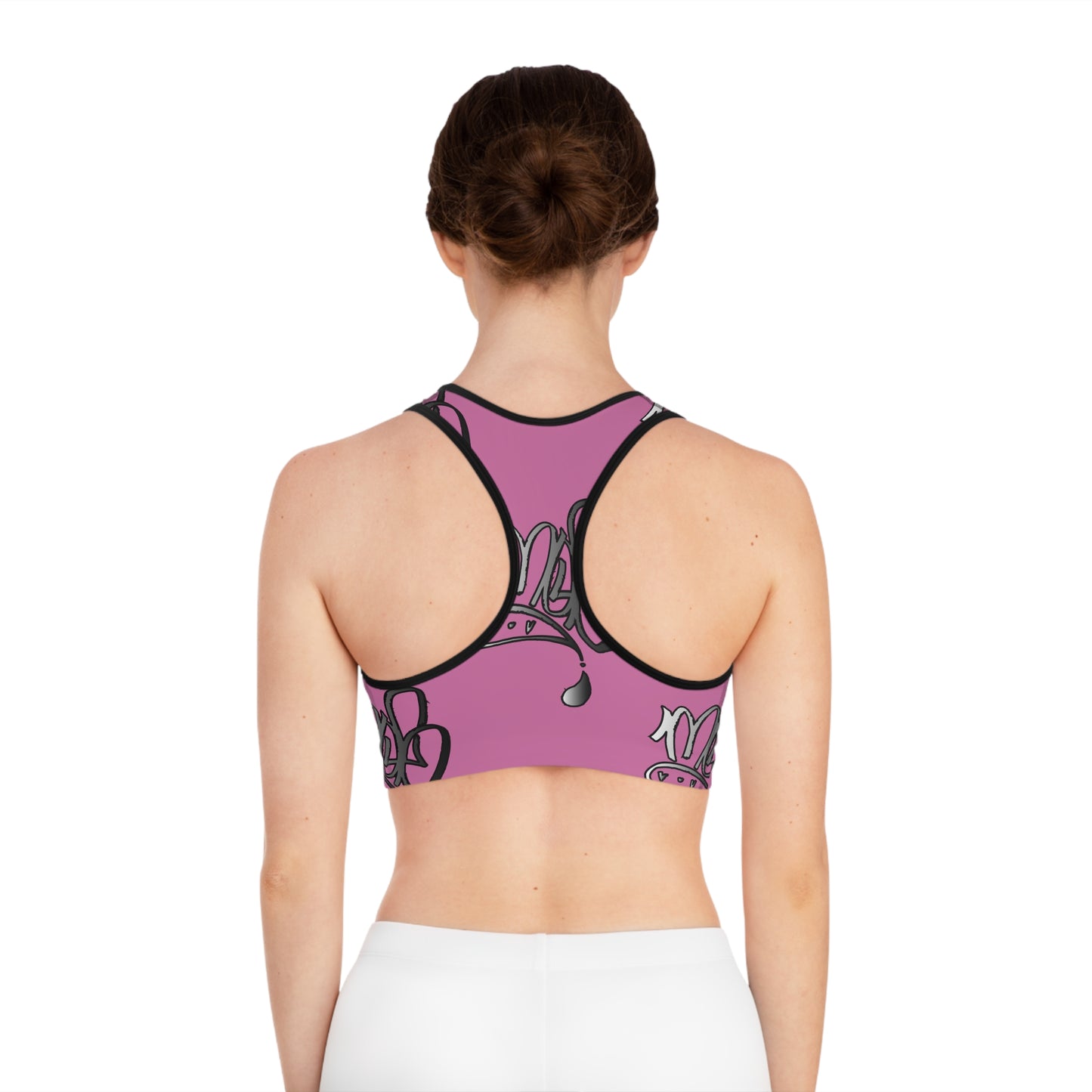 Playful Crown Sports Bra - Pink Graphic Activewear for Fitness Lovers