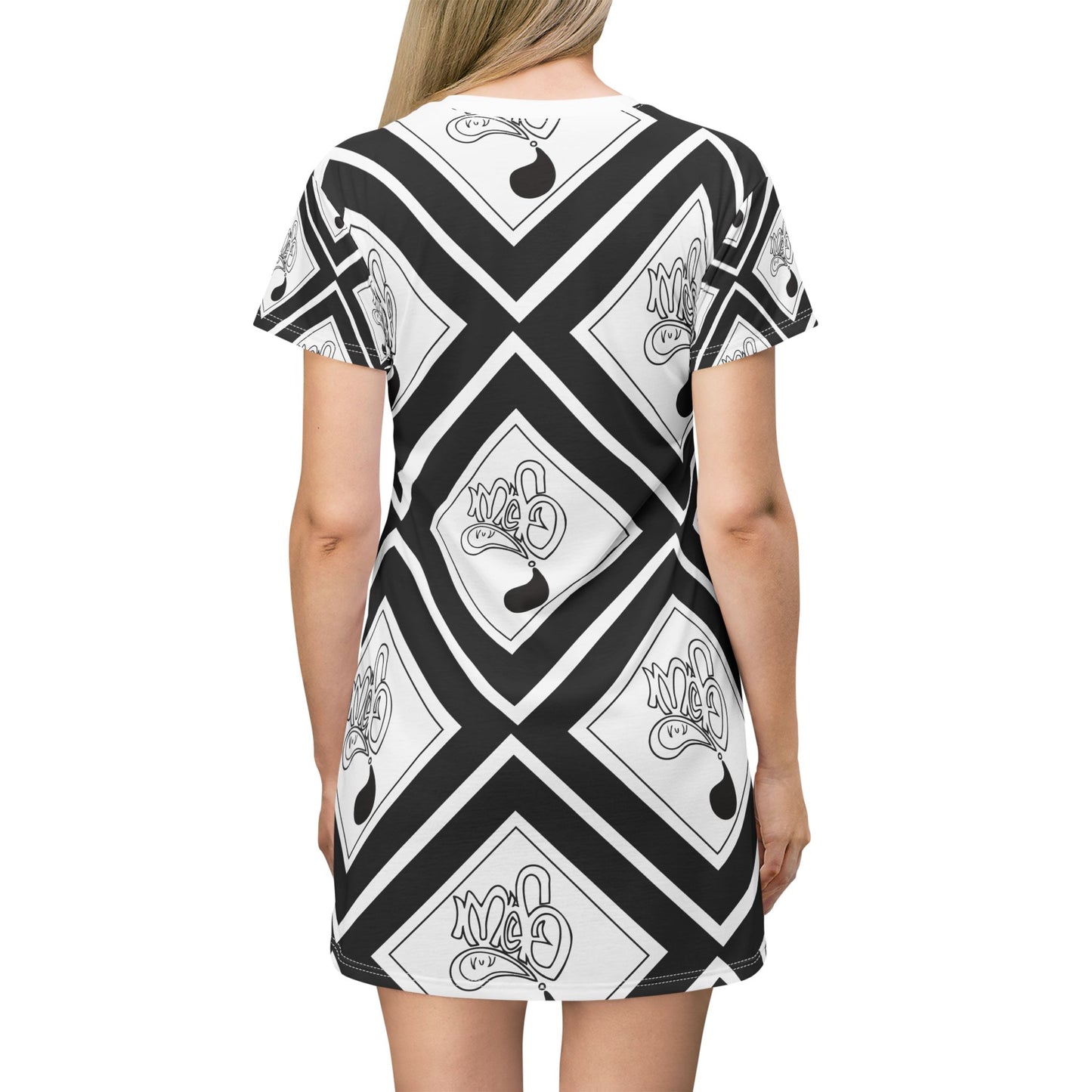 Chic Graphic T-Shirt Dress, Stylish Casual Wear, Black and White Party Dress, Trendy Summer Outfit, Unique Gift for Her