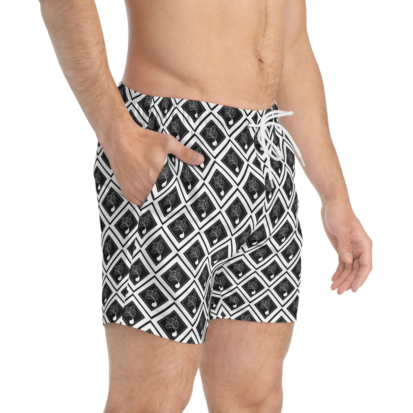 Black & White Swim Trunks — Diamond Pattern All-Over Print mofo diamond pattern