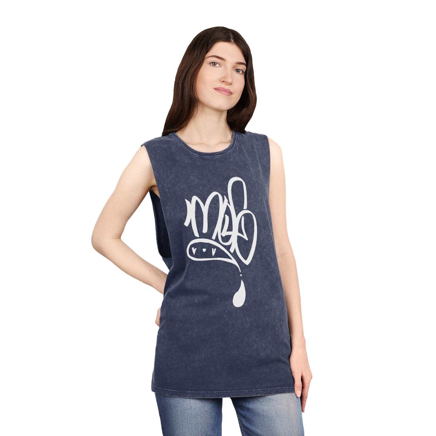 white mofo logo -Stonewash Muscle Tee with White Tag Script