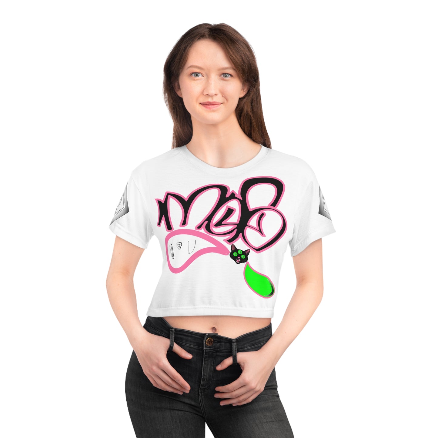 3eyed black cat mofo logo diamond combo crop tee white