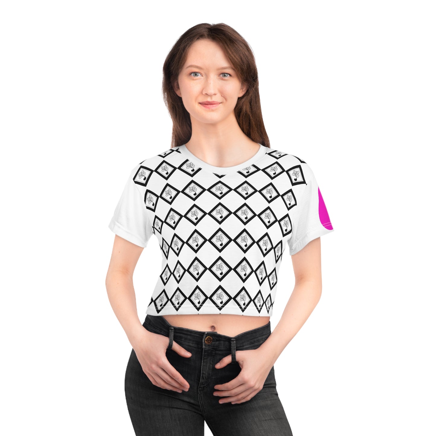 Chic Black Diamond Pattern Crop Tee, Trendy Summer Top, Stylish Casual Wear, Unique Gift for Her, Fashionable Festival Attire