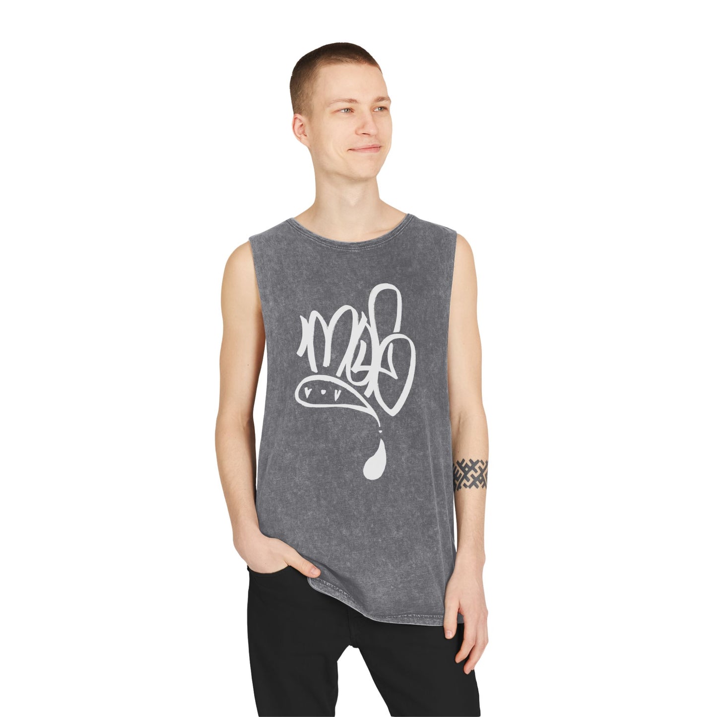 white mofo logo -Stonewash Muscle Tee with White Tag Script
