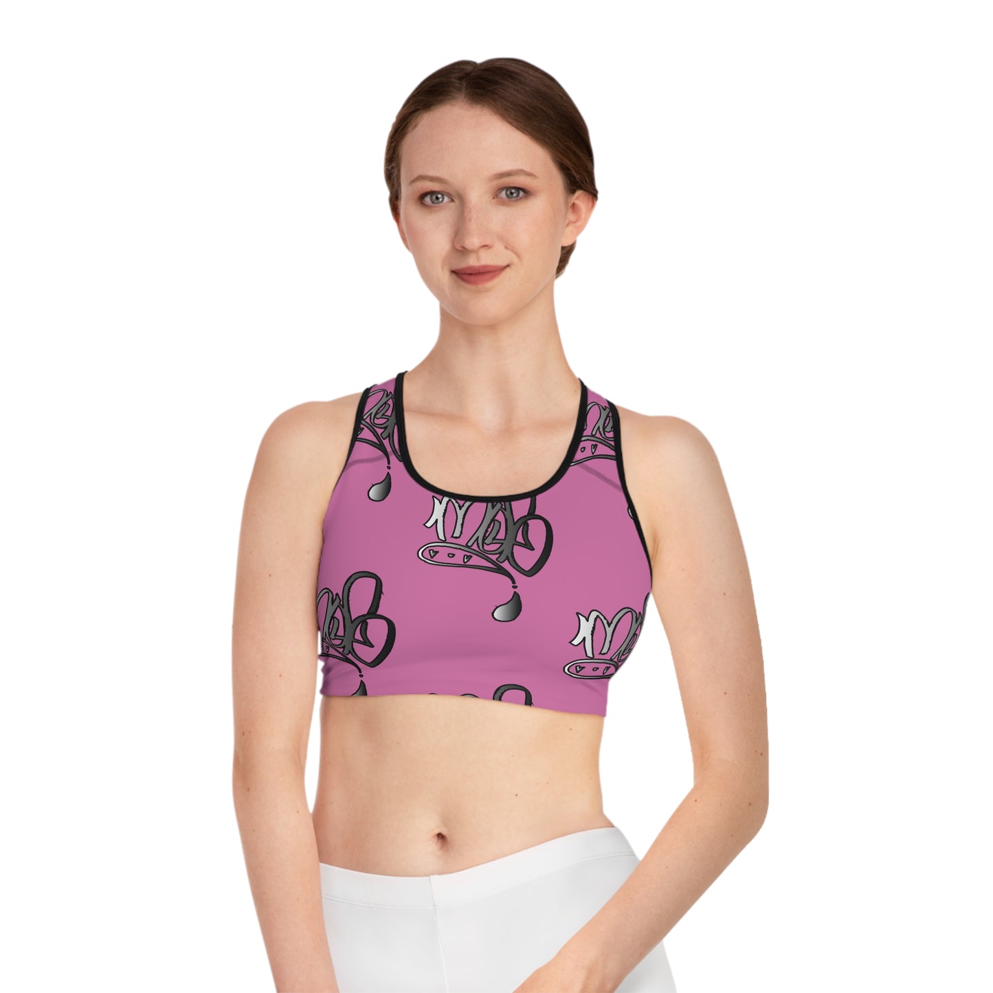 Playful Crown Sports Bra - Pink Graphic Activewear for Fitness Lovers