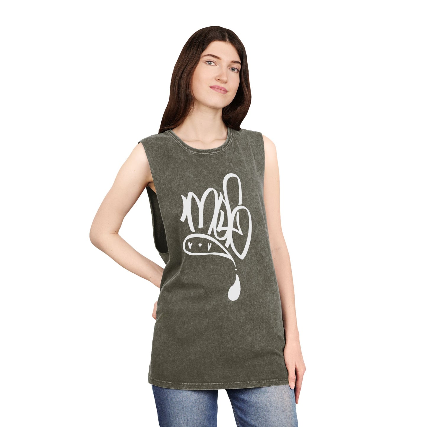 white mofo logo -Stonewash Muscle Tee with White Tag Script