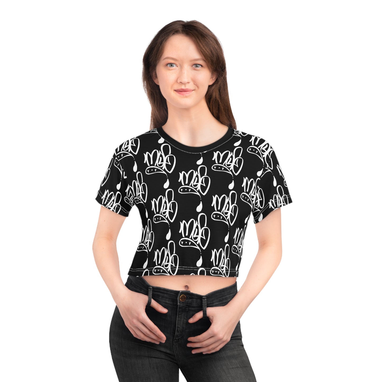 Trendy Graphic Crop Tee, Black & White AOP Tee, Fashionable Women's Top, Casual Wear, Street Style Shirt, Gift for Her