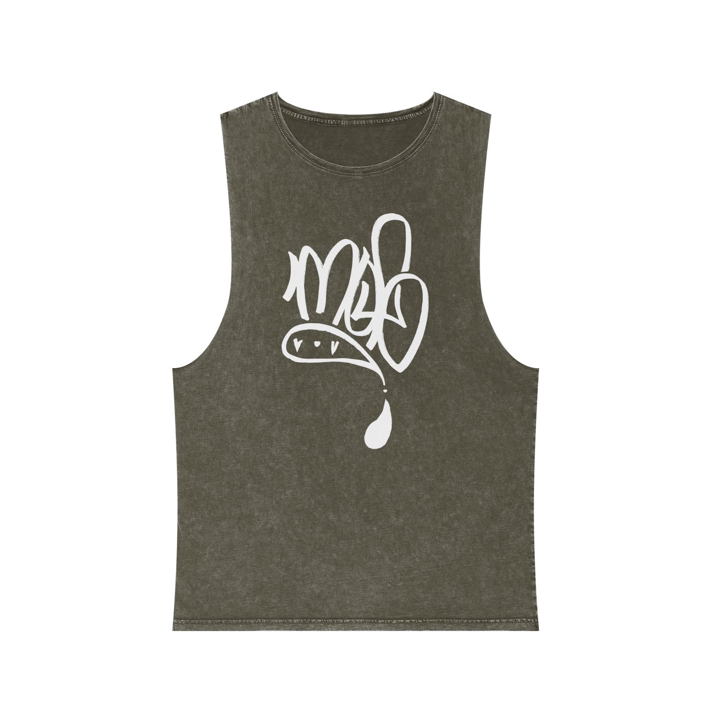 white mofo logo -Stonewash Muscle Tee with White Tag Script