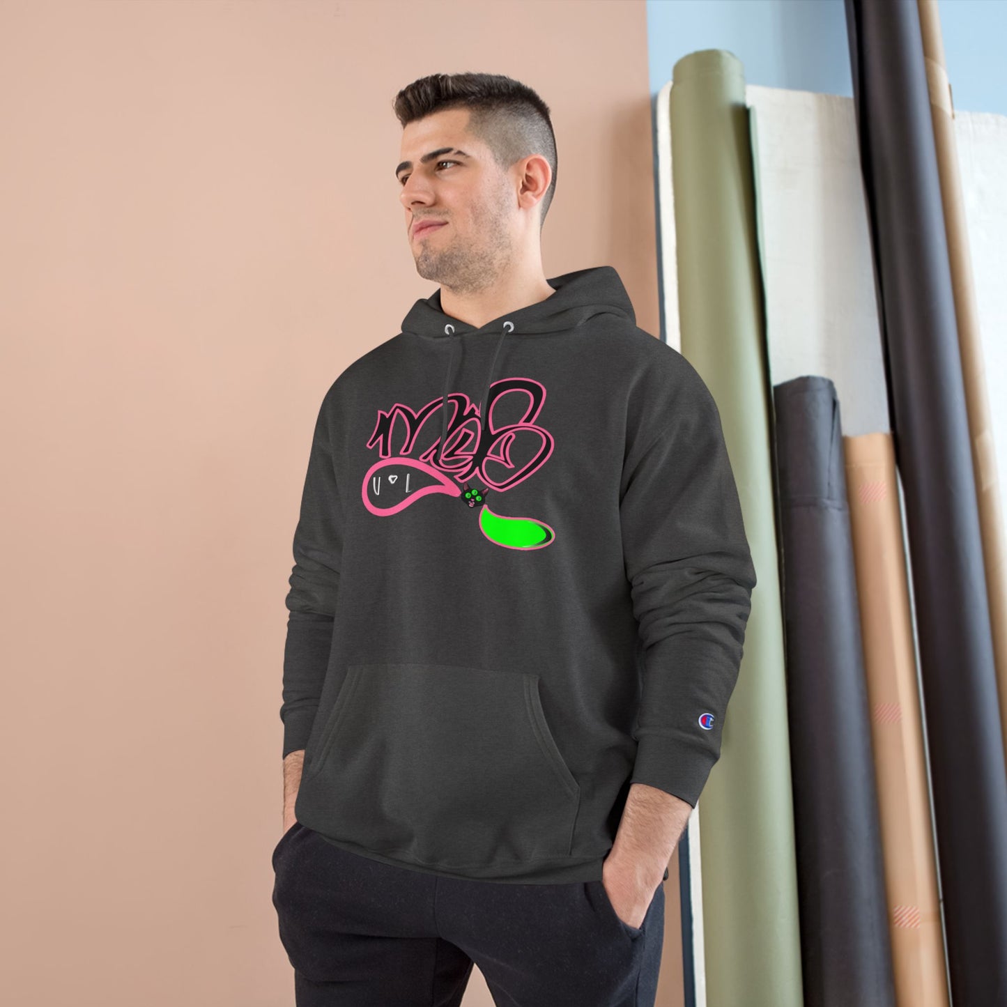 Champion Hoodie with 3 eyed black cat mofo logo