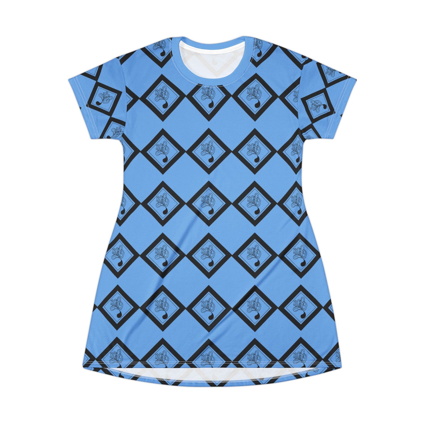 Trendy Blue Patterned T-Shirt Dress, Casual Summer Wear, Fashionable Outfit, Everyday Dress, Graphic Tee Dress, Gift for Her