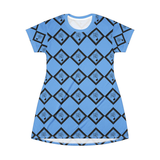 Trendy Blue Patterned T-Shirt Dress, Casual Summer Wear, Fashionable Outfit, Everyday Dress, Graphic Tee Dress, Gift for Her