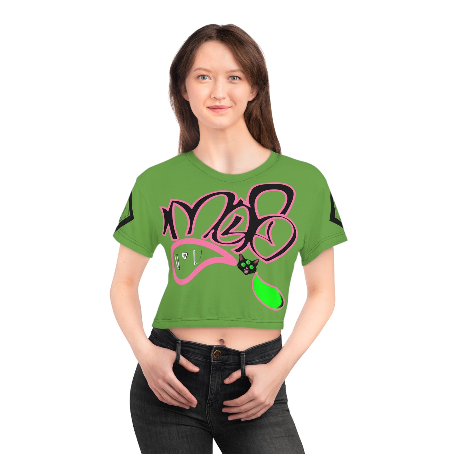 3eyed black cat mofo logo diamond combo crop tee green