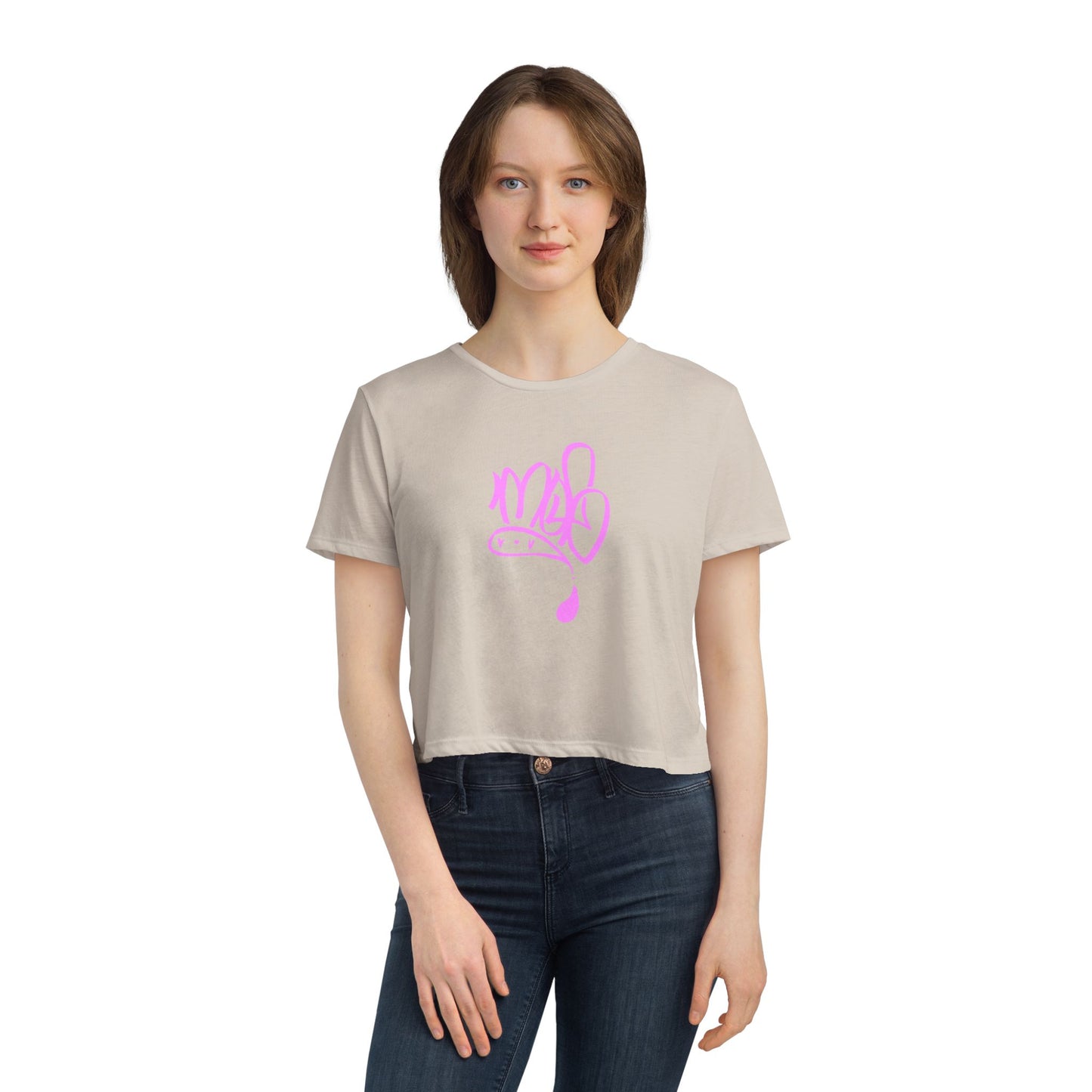 Stylish Women's Flowy Cropped Tee with Pink Design, Casual Wear, Summer Top, Gift for Her, Beach Style, Everyday Comfort