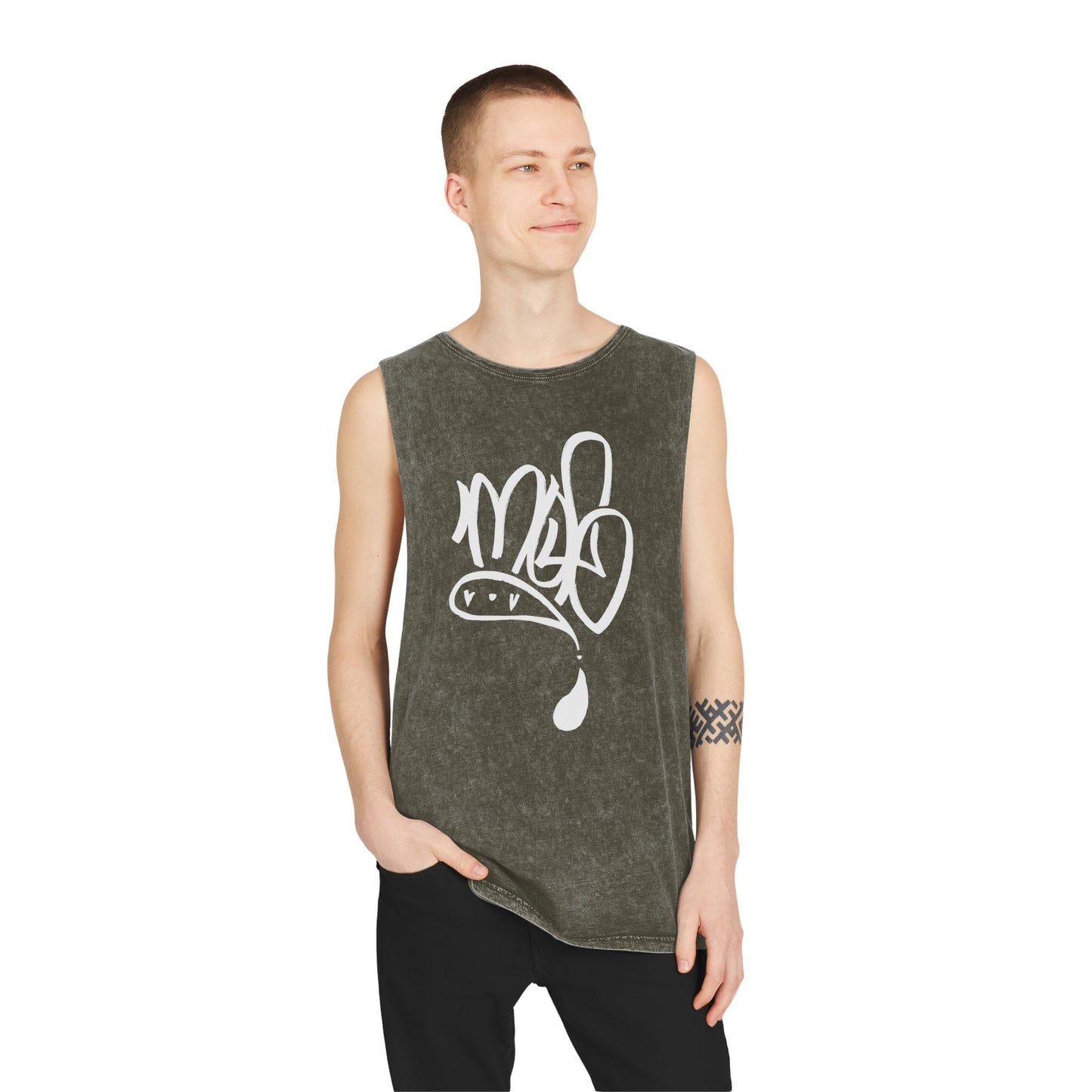 white mofo logo -Stonewash Muscle Tee with White Tag Script