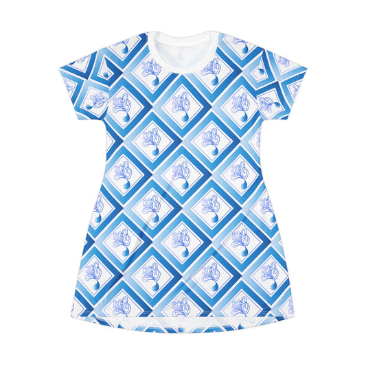Blue Geometric T-Shirt Dress, Casual Wear, Summer Dress, Beach Outfit, Gift for Her, Everyday Fashion