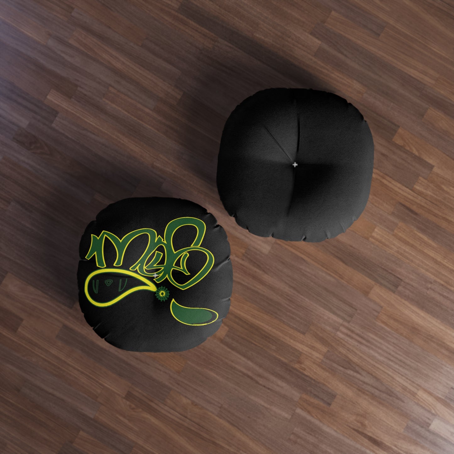 Vibrant Tufted Floor Pillow, Round Decorative Cushion for Home Decor, Cozy Lounge, Bohemian Style, Black and Green Design