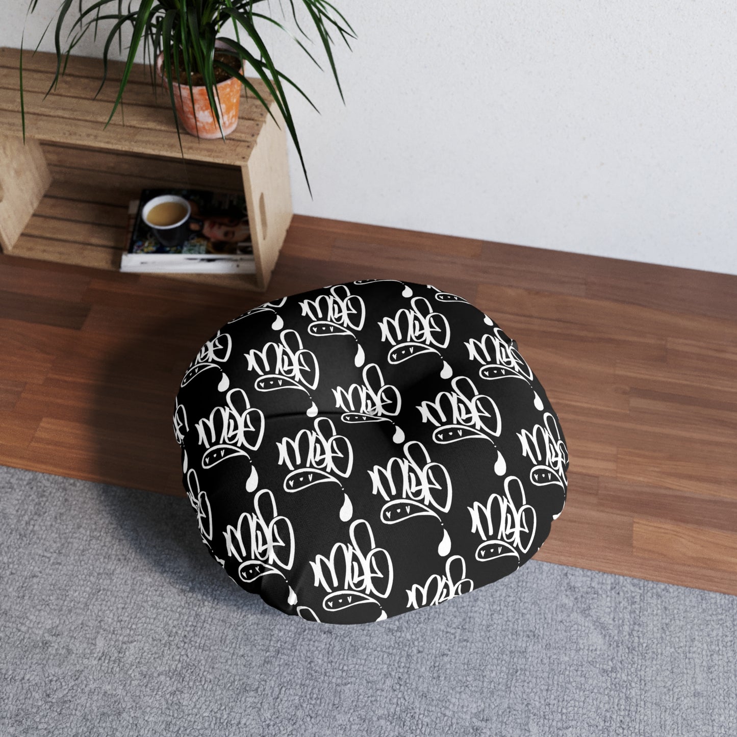 Modern Black Round Tufted Floor Pillow with Unique Design