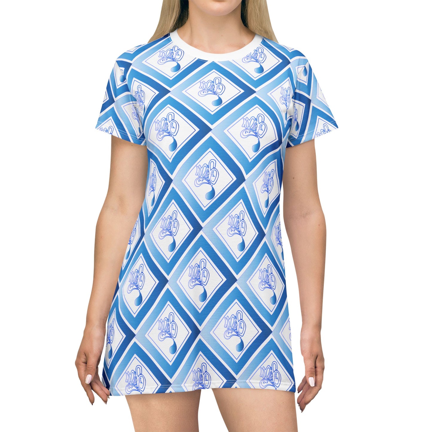 Blue Geometric T-Shirt Dress, Casual Wear, Summer Dress, Beach Outfit, Gift for Her, Everyday Fashion