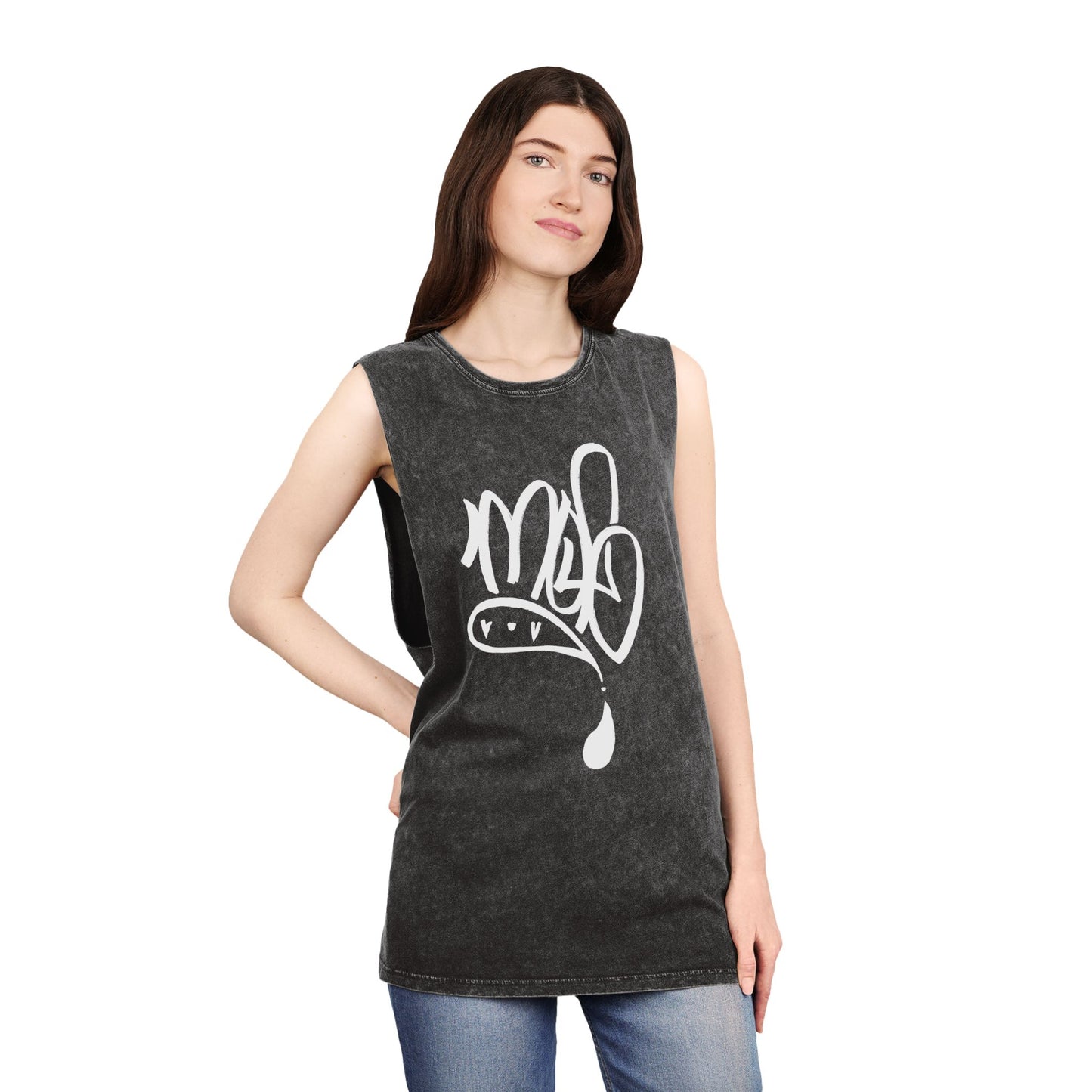 white mofo logo -Stonewash Muscle Tee with White Tag Script