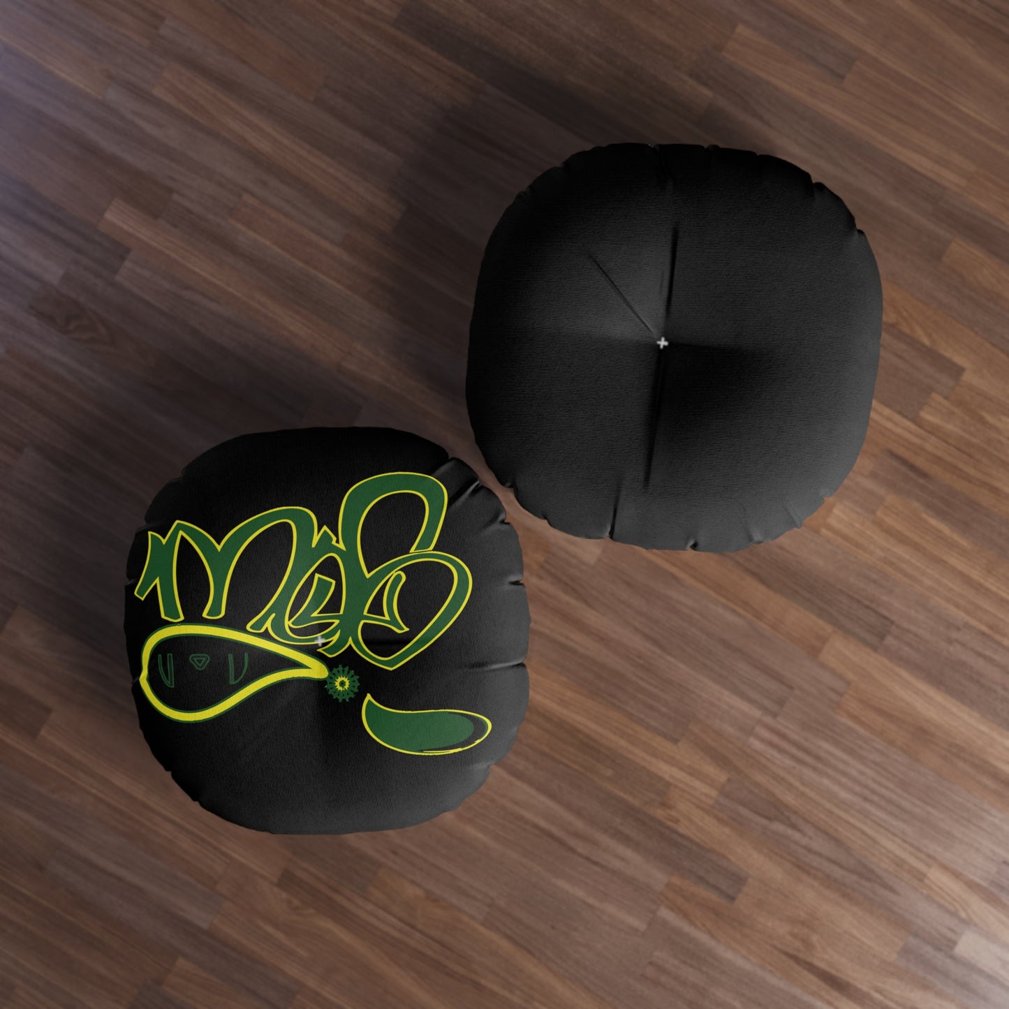 Vibrant Tufted Floor Pillow, Round Decorative Cushion for Home Decor, Cozy Lounge, Bohemian Style, Black and Green Design