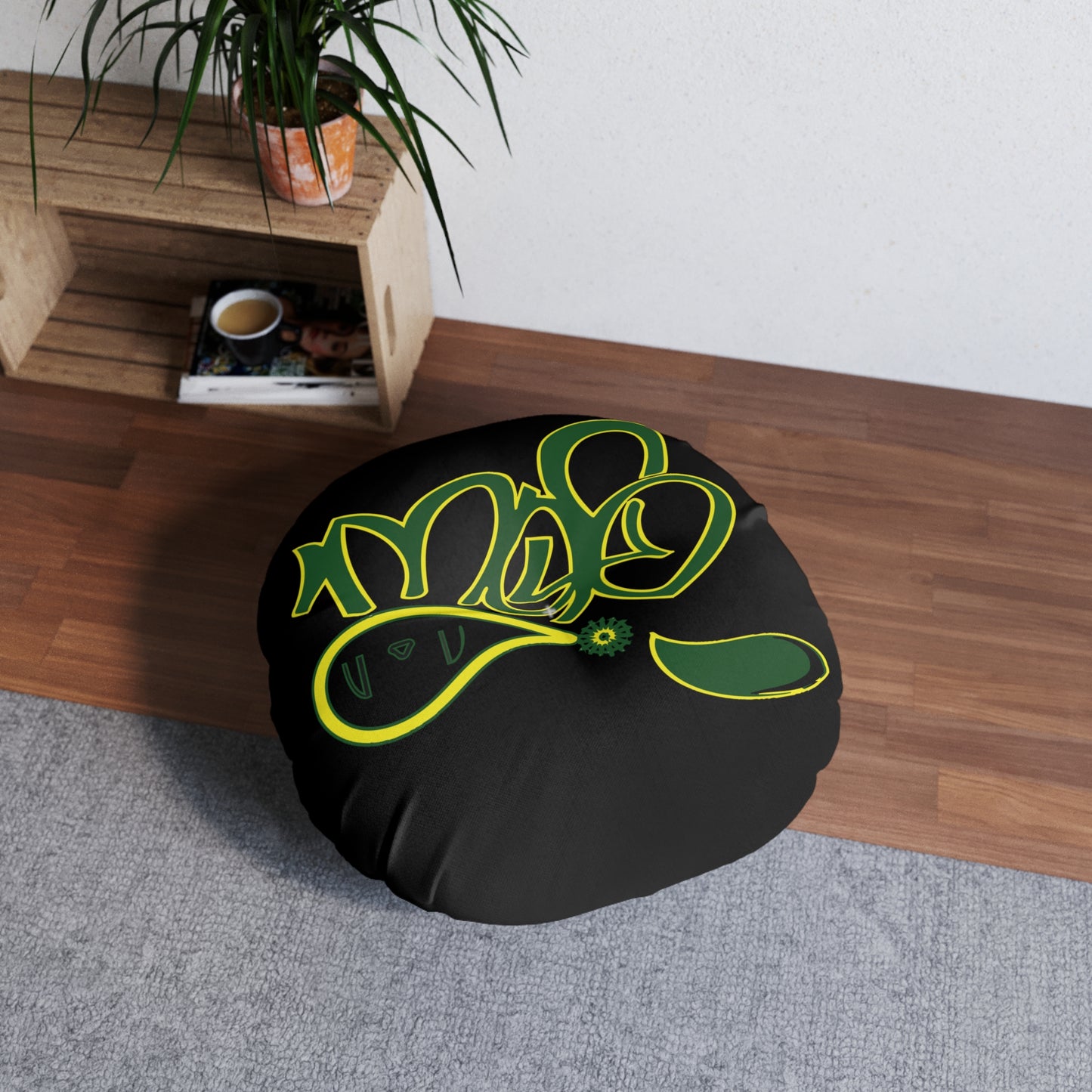 Vibrant Tufted Floor Pillow, Round Decorative Cushion for Home Decor, Cozy Lounge, Bohemian Style, Black and Green Design