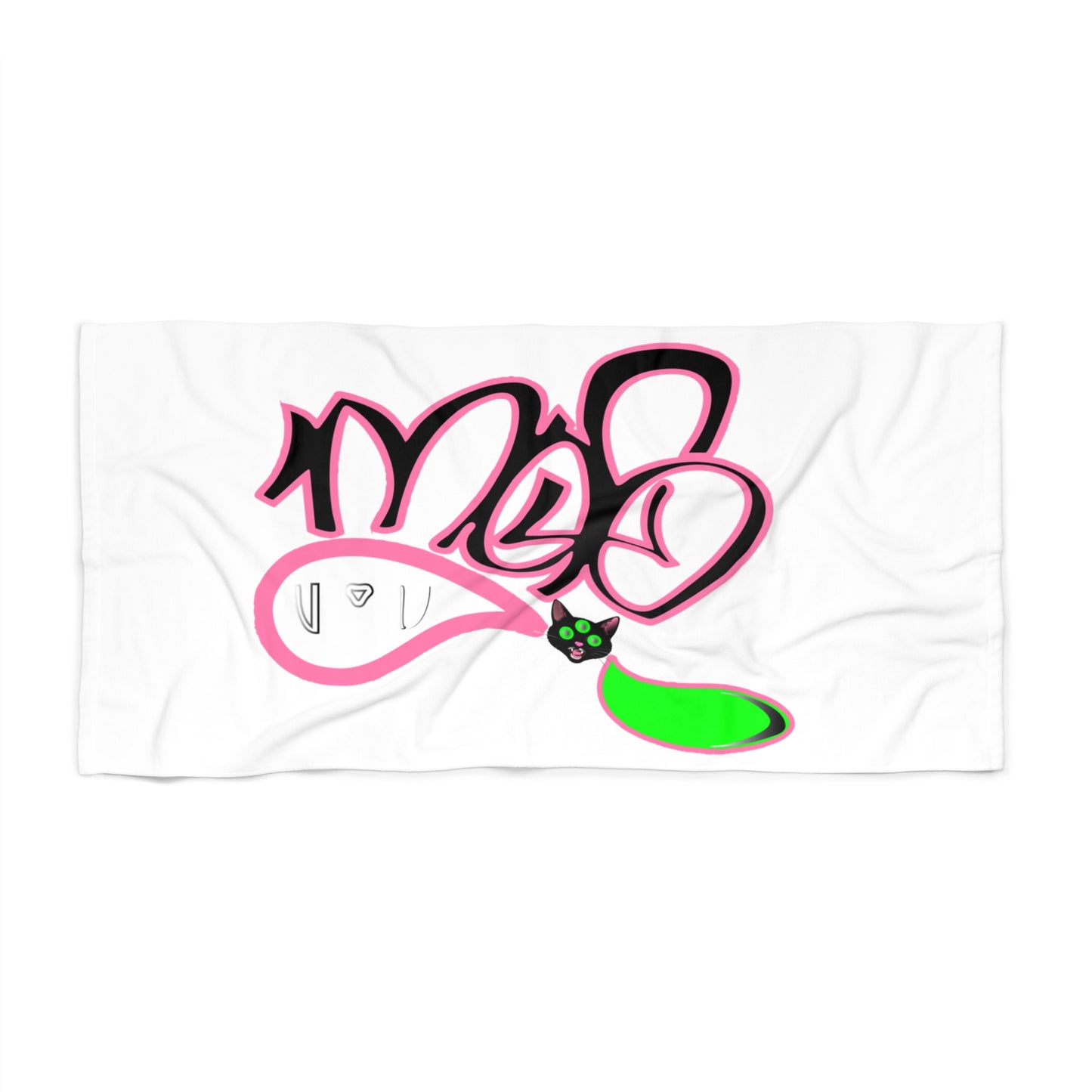 Beach Towel white - 3 eyed black cat logo