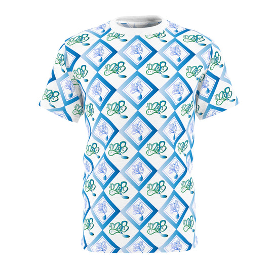 Trendy Unisex AOP Tee - Blue Diamond Floral Design, Casual Wear, Gift for Him or Her, Summer Style, Unique Fashion