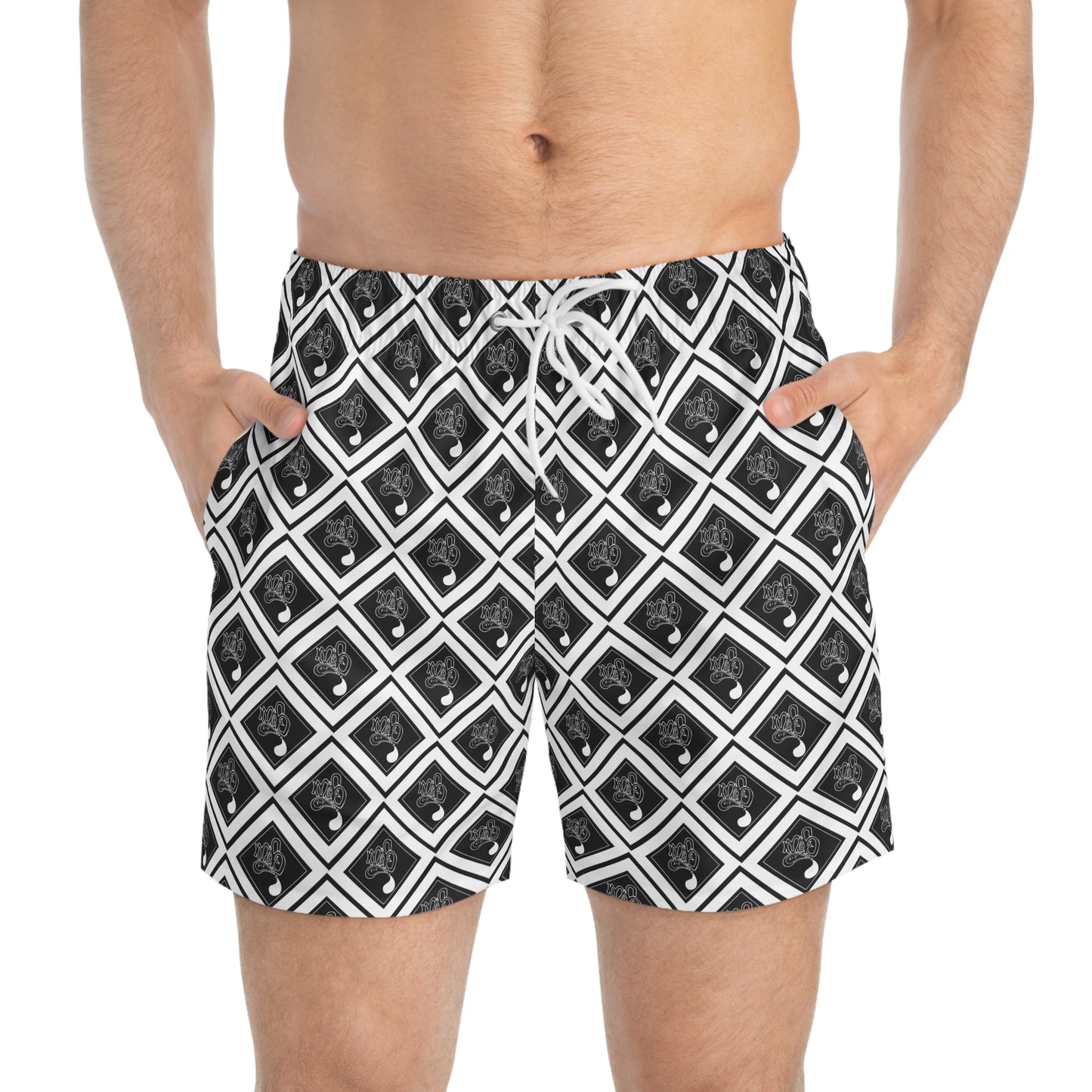 Black & White  Swim Trunks — Diamond Pattern All-Over Print mofo diamond pattern