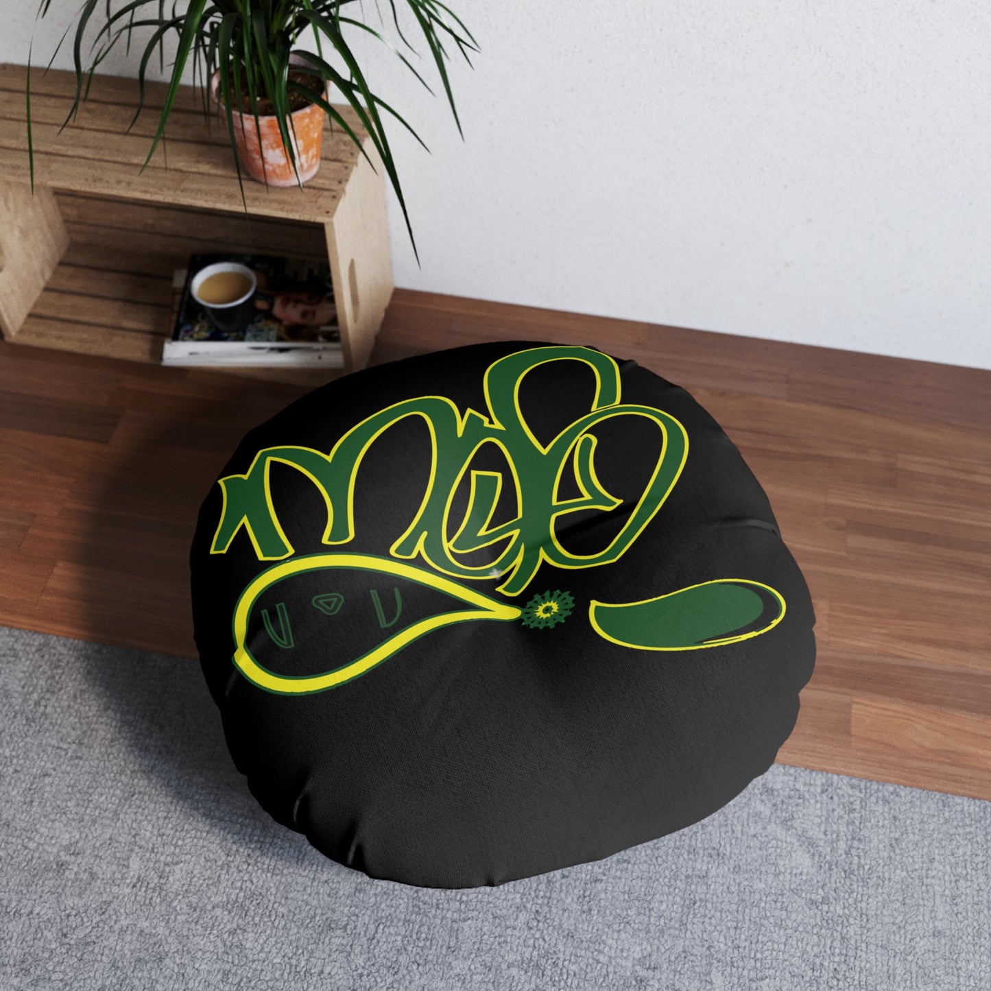 Vibrant Tufted Floor Pillow, Round Decorative Cushion for Home Decor, Cozy Lounge, Bohemian Style, Black and Green Design