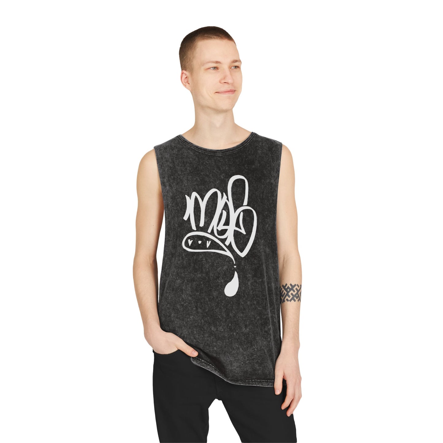 white mofo logo -Stonewash Muscle Tee with White Tag Script